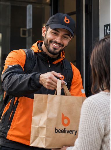 Beelivery driver handing a delivery bag to a customer at the door